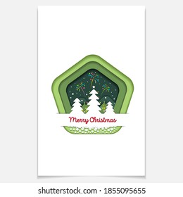 Background for covers, invitations, posters, banners, flyers, posters. Template design for branding, advertisement with winter christmas composition in paper cut style. Christmas tree congratulations.