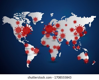  Antecedentes de casos confirmados en el mapa de Covid 19 a nivel mundial. La situación de la enfermedad por el virus de Corona se actualizó en todo el mundo en 2020. Mapas muestran dónde se ha propagado el virus de la corona en fondo azul