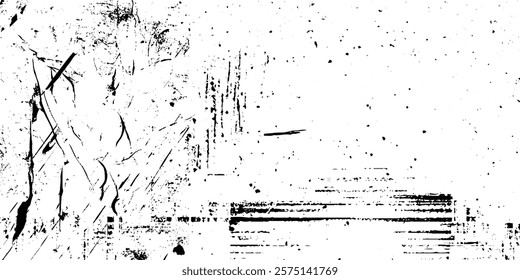 Background of cracks, scuffs, chips, stains, ink spots, lines. Grunge black and white pattern. Monochrome particles abstract texture.