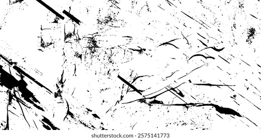 Background of cracks, scuffs, chips, stains, ink spots, lines. Grunge black and white pattern. Monochrome particles abstract texture.