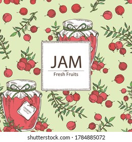 Background with cranberry berryes and jar of jam with cranberry. Vector hand drawn illustration.