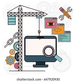 background with crane and desk computer for development of the construction vector illustration