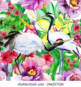 background with crane and flowers vector illustration