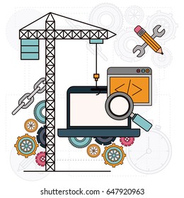 background with crane and laptop computer for development of the construction vector illustration