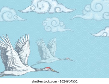 background with cranes and clouds in asian style