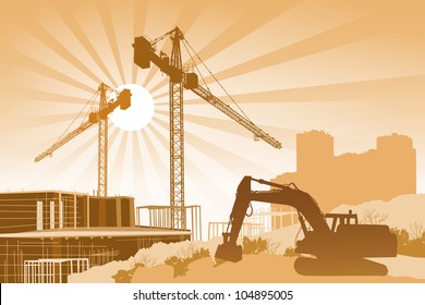 Background with cranes, scaffolding and a tractor in the foreground