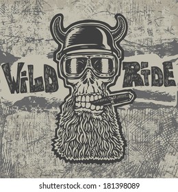 background with crazy skull motorcycle glasses, helmet with horns and grunge textures. biker symbol. engraving style. vector illustration. 