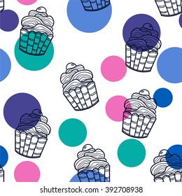 Background creamy cupcake vector seamless pattern. Vector illustration for invitation card,  wrapping, wallpaper, web pages background, bakery or cafe menu, kitchen textile