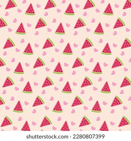 Background created with watermelon slices and hearts. Watermelons motif.