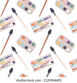 Background with creativity supplies for an artist. Seamless vector pattern for handmade workshop, art school, studio or shop. Ready for wrapping paper, decoration, textile, scrapbooking. 