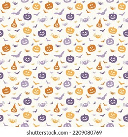 Fondo con calabazas, murciélagos y arañas espeluznantes. Textura de Halloween. Vector