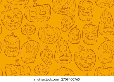 Fondo con calabazas espeluznantes pintadas a mano en colores brillantes. hermosas calabazas de otoño sin patrón.