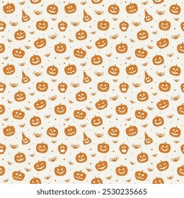 Background with creepy pumpkins and spiders. Halloween texture. Vector