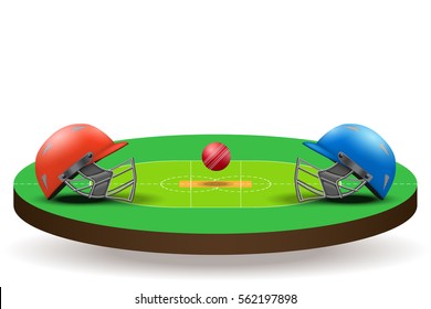 Background of Cricket teams competition. Helmets on field with ball. Vector illustration Isolated on background.