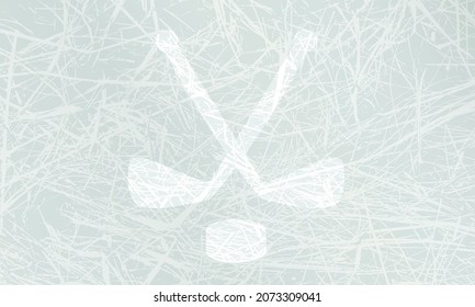 Background With A Crossed Hockey Sticks And Puck On Light Blue Ice Texture. Sports Illustration.