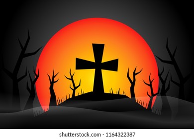 Background of crosses embroidered on graves on horrible hills for Halloween,Vector.Illustration.