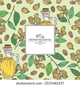 Background with croton: croton tiglium fruits and bottle of croton oil. Vector hand drawn illustration