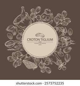 Background with croton tiglium: croton tiglium plant, leaves and croton tiglium fruits. Oil, soap and bath salt . Cosmetics and medical plant. Vector hand drawn illustration