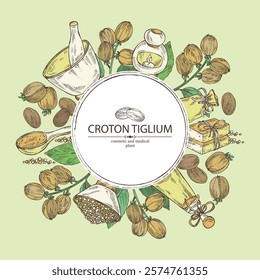 Background with croton tiglium: croton tiglium plant, leaves and croton tiglium fruits. Oil, soap and bath salt . Cosmetics and medical plant. Vector hand drawn illustration