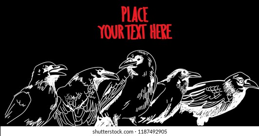 Background with crows. Drawing by hand in vintage style. Crows are sitting.