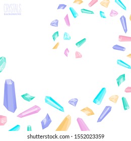 Background with crystal in cartoon style. Vector Illustration for poster, sale. Cute gem and stone fly.
