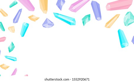 Background with crystal in cartoon style. Vector Illustration for poster, sale. Cute gem and stone fly.