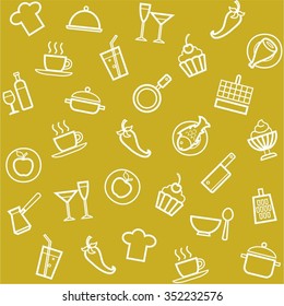 Background, cuisine, cooking, seamless, mustard. Vector, mustard, seamless background with white line icons of food, beverages and kitchen utensils. 