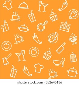 Background, cuisine, cooking, seamless, orange. Vector, orange seamless background with white line icons of food, beverages and kitchen utensils.  