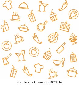 Background, cuisine, cooking, seamless, white. Vector, white, seamless pattern with orange linear icons of food, beverages and kitchen utensils. 