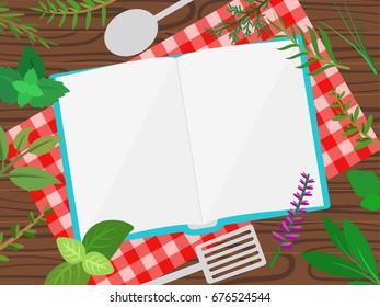 Background with Culinary herbs, kitchen utensils and cook book .  Vector illustration.