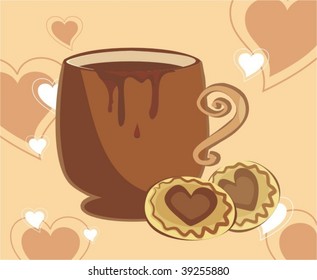 Background with cuo of chocolate and cakes