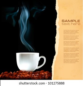 Antecedentes con taza de café y papel viejo desgarrado. Vector