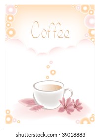 background with cup of coffee and pink flowers