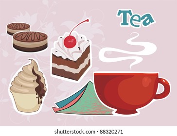 Background with cup of coffee or tea and sweet desserts and cakes