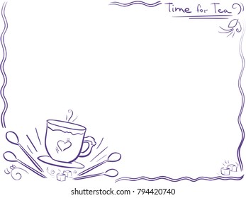 Background  - cup  with heart and text Time for tea - menu design. Doodle frame. Breakfasts, brunches and lunch. Trend color 2018 ultra violet, backdrop for presentation