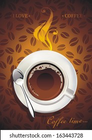 Background with cup of hot coffee and coffee beans. Vector illustration