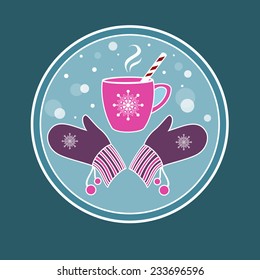 Background with a cup of hot tea/coffee and mittens