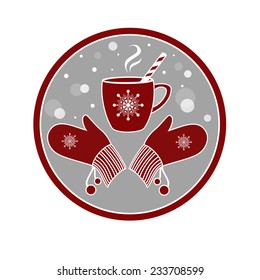 Background with a cup of hot tea/coffee and mittens