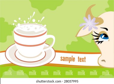 Background with cup of milk and cow