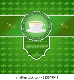 Background with a cup of tea and green leaves on leaves pattern, vector illustration