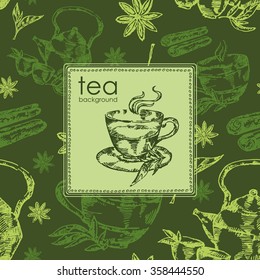 Background with cup of tea. hand drawn.