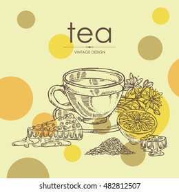 Background with cup of tea, linden flower, lemon  and honeycomb . hand drawn