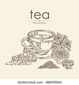 Background with cup of tea, linden flower, lemon and honeycomb . hand drawn