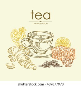 Background with cup of tea, linden flower, lemon, ginger and honeycomb . hand drawn