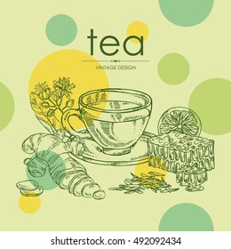 Background with cup of tea, linden flower, lemon, ginger and honeycomb . hand drawn