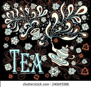 Background with cup, teapot, flowers  in doodle style in black brown blue beige colors for advertising tea