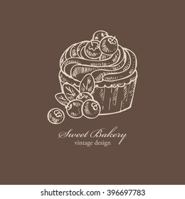 Background with cupcake and blueberry , hand drawn