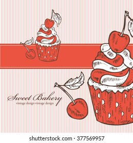 Background with cupcake and cherry , hand drawn