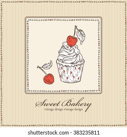 Background with cupcake and cherry , hand drawn