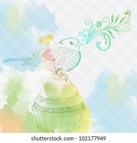 Background With Cupcake And Clockwork Bird, Beautiful Vector Illustration